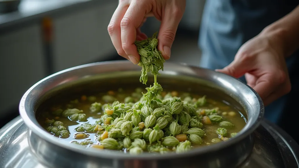 Brewer adding hops to beer