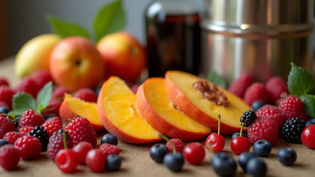 Colorful fruit next to homebrewing equipment